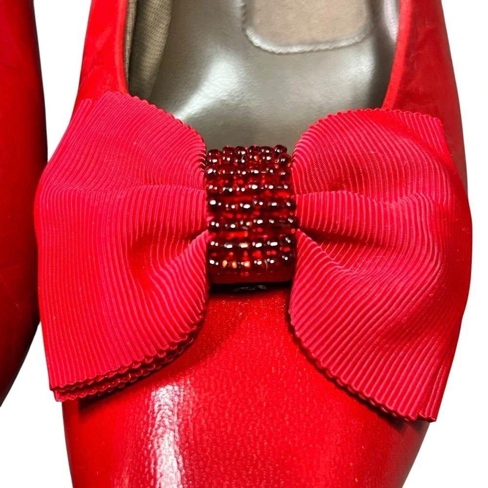 Vtg Easy Spirit Leather Pumps Sz 9 Red Beaded Bow Detail 2.75